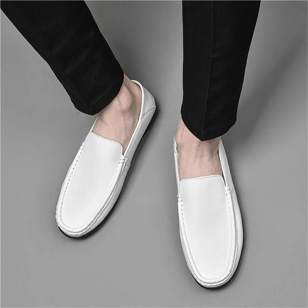 Mens Leather Loafers Solid Color Round Toe Anti Slip Comfortable Walking Shoes Outdoor Casual Lightweight Flexible