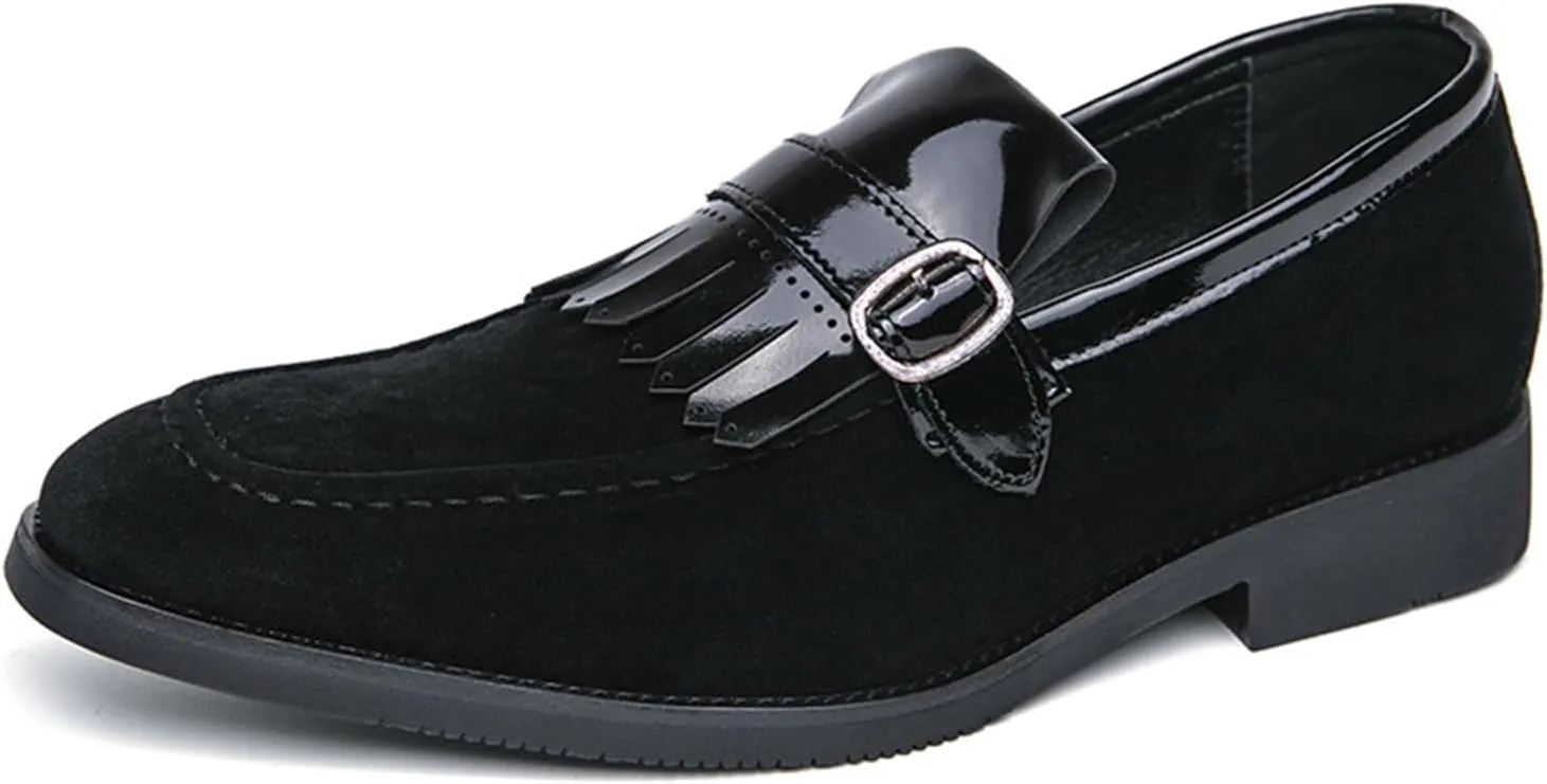Men's Leather Tassel Monk Strap Dress Loafers Classic Slip-on Pointed Toe Low Chunky Heel Formal Business Wedding Tuxedo Penny Loafers Shoes