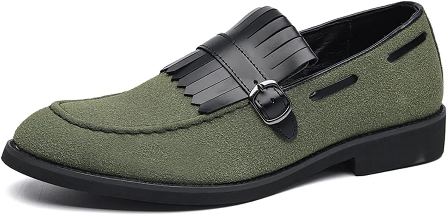 Men's Leather Tassel Monk Strap Dress Loafers Classic Slip-on Pointed Toe Low Chunky Heel Formal Business Wedding Tuxedo Penny Loafers Shoes