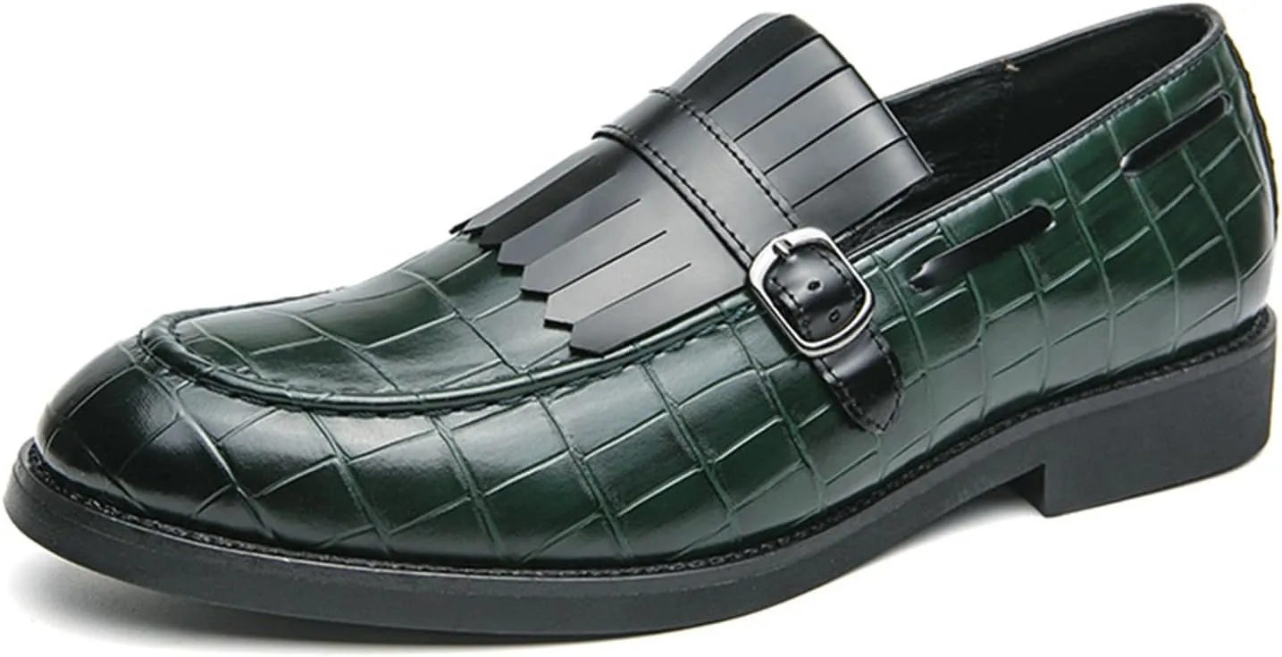 Men's Leather Tassel Monk Strap Dress Loafers Classic Slip-on Pointed Toe Low Chunky Heel Formal Business Wedding Tuxedo Penny Loafers Shoes