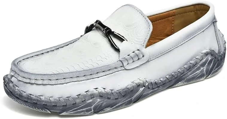 Men's Loafers Round Toe Crocodile Print Leather Loafer Shoes Anti-Slip Comfortable Flexible Wedding Slip On