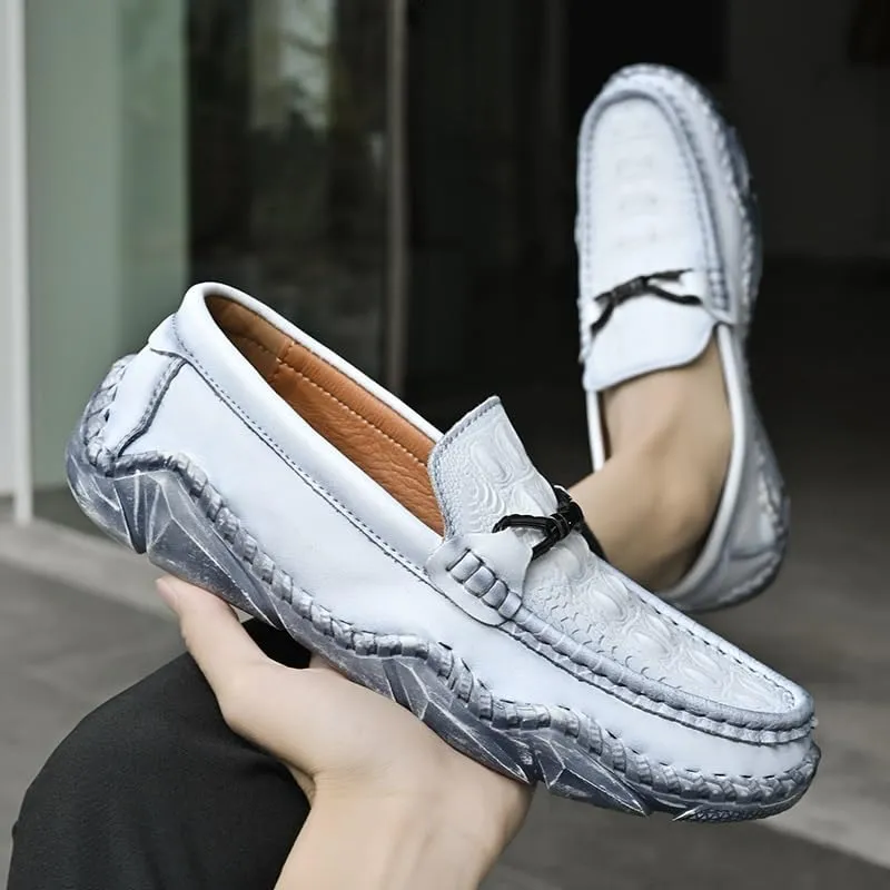 Men's Loafers Round Toe Crocodile Print Leather Loafer Shoes Anti-Slip Comfortable Flexible Wedding Slip On