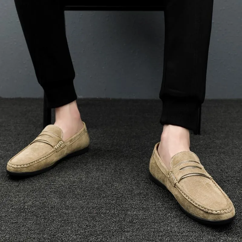 Mens Loafers Round Toe Leather Penny Loafers Flexible Lightweight Flat Heel Walking Prom Slip-on