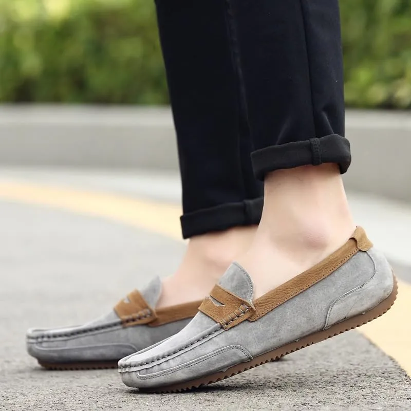 Men's Loafers Round Toe PU Leather Patchwork Suede Vamp Penny Loafers Flat Heel Flexible Slip Resistant Prom Fashion Slip-on