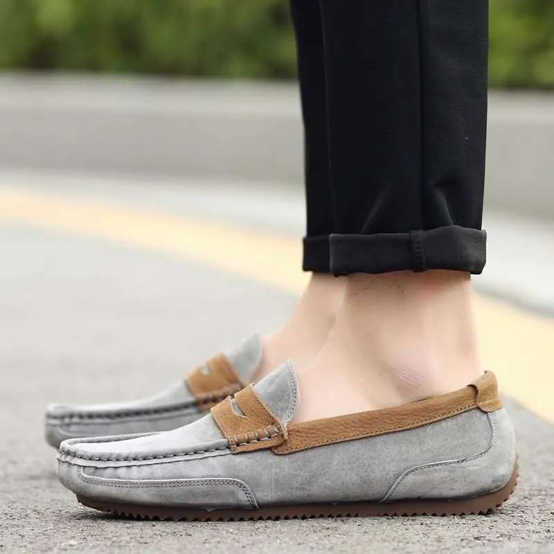 Men's Loafers Round Toe PU Leather Patchwork Suede Vamp Penny Loafers Flat Heel Flexible Slip Resistant Prom Fashion Slip-on