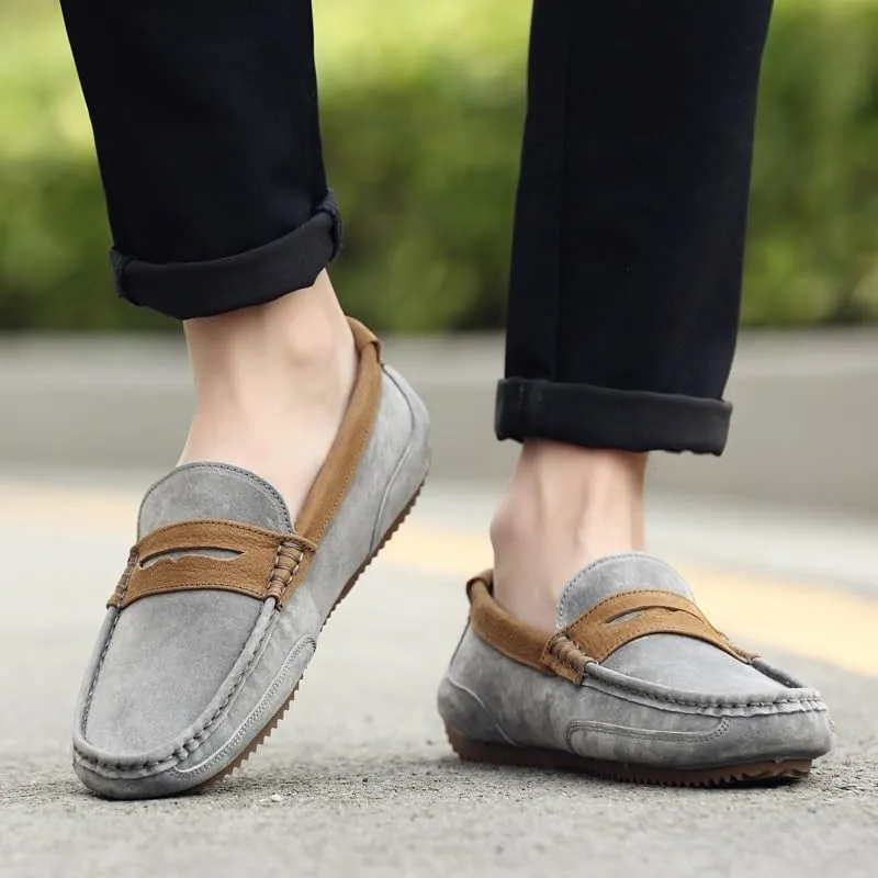 Men's Loafers Round Toe PU Leather Patchwork Suede Vamp Penny Loafers Flat Heel Flexible Slip Resistant Prom Fashion Slip-on