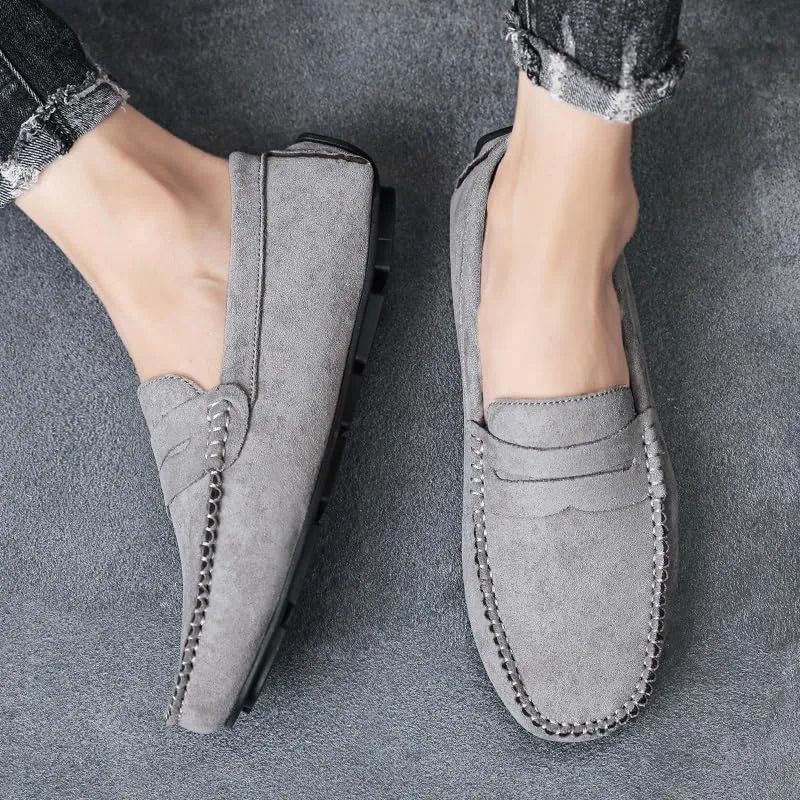 Mens Loafers Round Toe Suede Vamp Penny Driving Loafers Lightweight Flat Heel Flexible Party Slip-ons