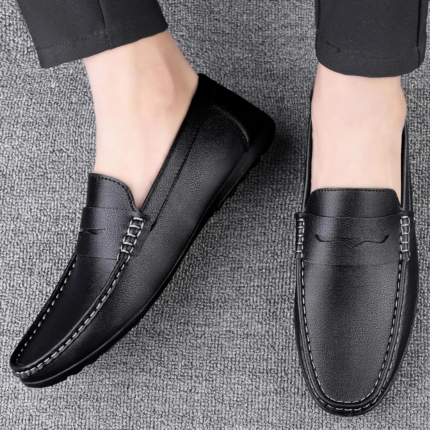 Men's Loafers Round Toe Vegan Leather Penny Loafers Flexible Flat Heel Resistant Casual Slip On