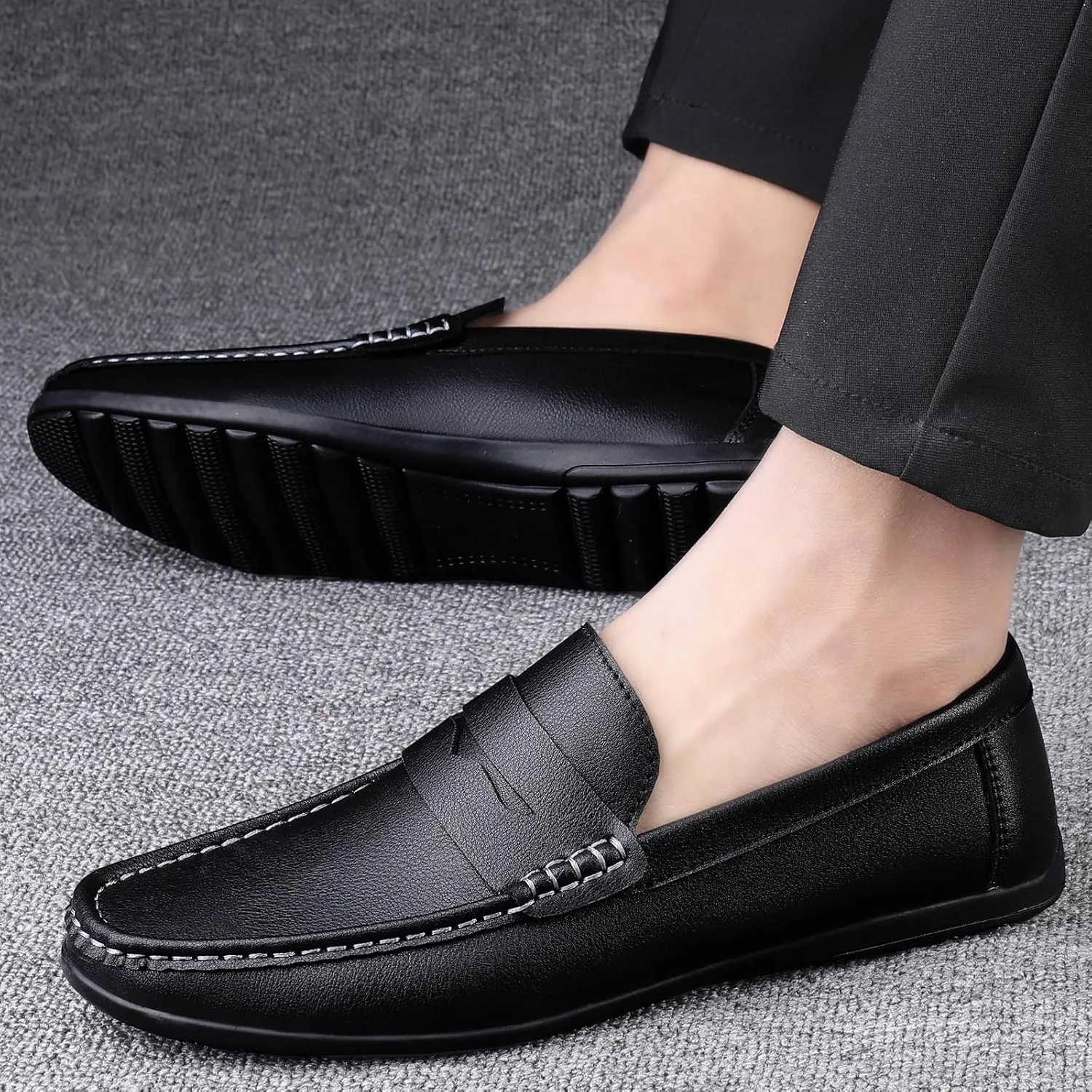 Men's Loafers Round Toe Vegan Leather Penny Loafers Flexible Flat Heel Resistant Casual Slip On