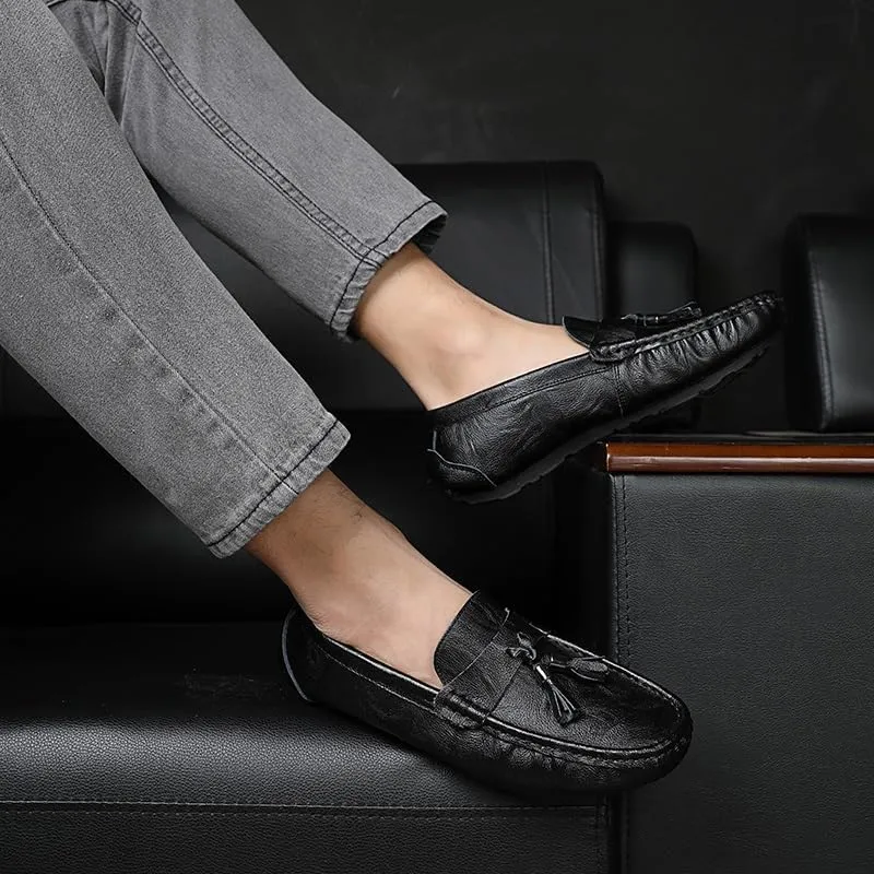 Men's Loafers Round Toe Vegan Leather with Tassel Driving Loafers Slip Resistant Flexible Flat Heel Prom Slip-ons