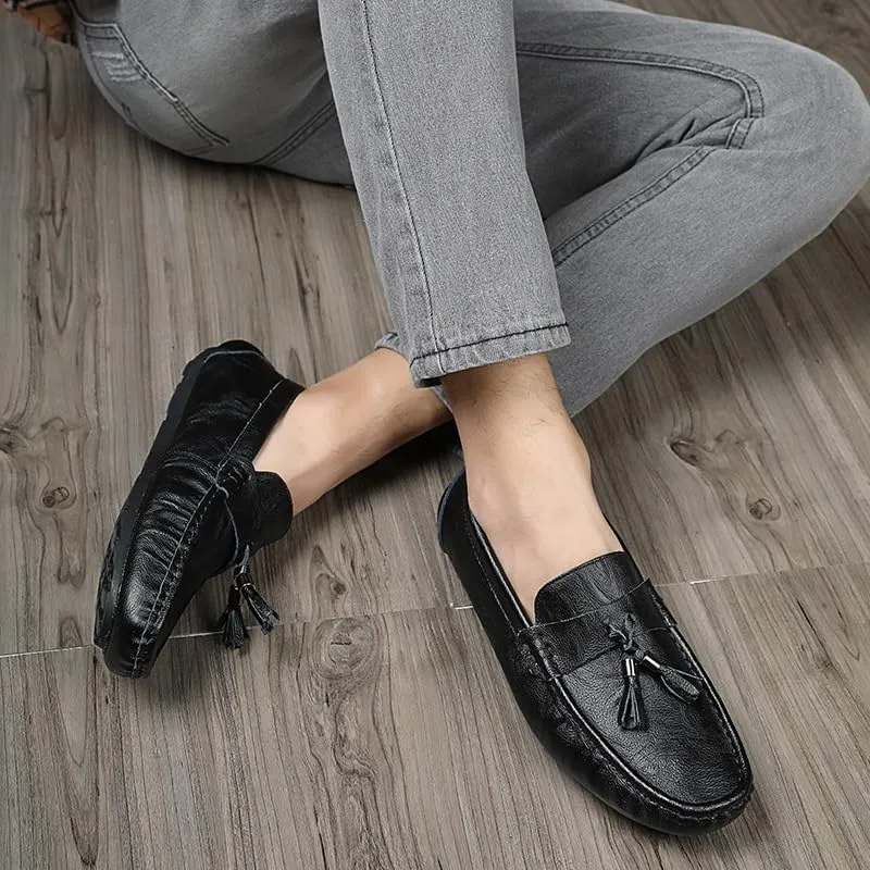 Men's Loafers Round Toe Vegan Leather with Tassel Driving Loafers Slip Resistant Flexible Flat Heel Prom Slip-ons