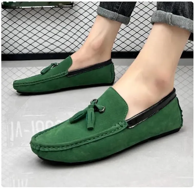 Men's Loafers Round Toe Vegan Suede Leather Driving Loafers with Tassel Comfortable Lightweight Flexible Outdoor Slip-ons