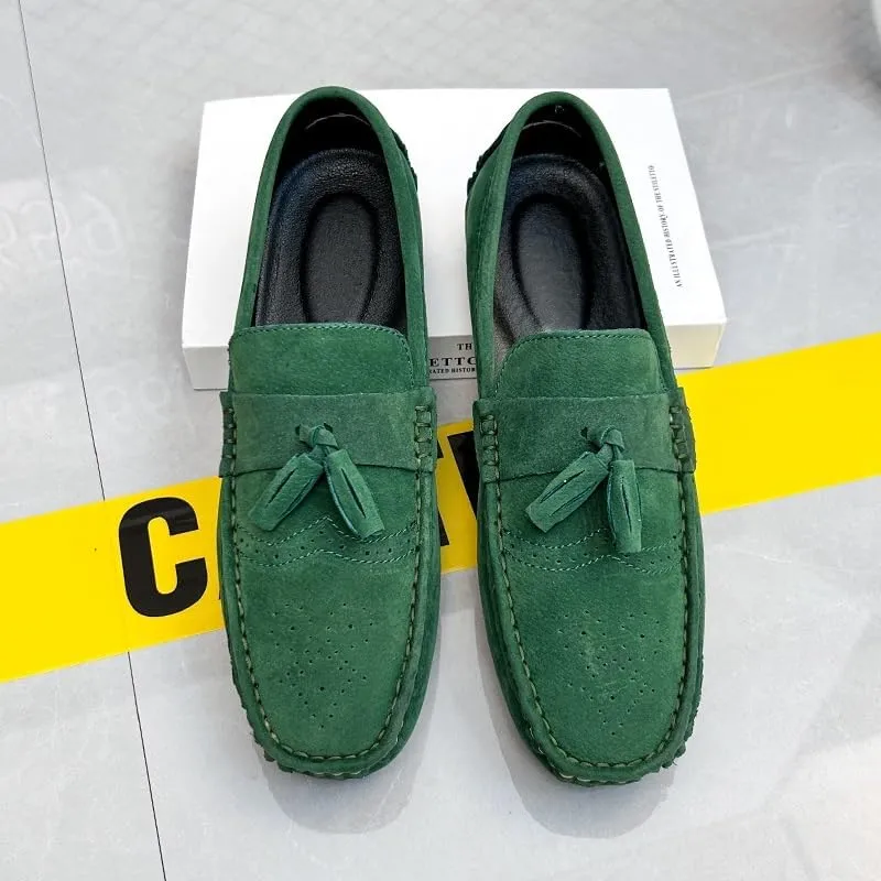 Mens Loafers Shoe Nubuck Leather Tassel Penny Driving Loafers Flexible Flat Heel Resistant Wedding Slip On