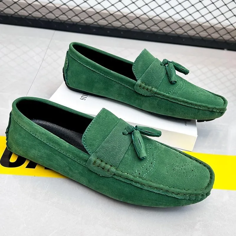 Mens Loafers Shoe Nubuck Leather Tassel Penny Driving Loafers Flexible Flat Heel Resistant Wedding Slip On