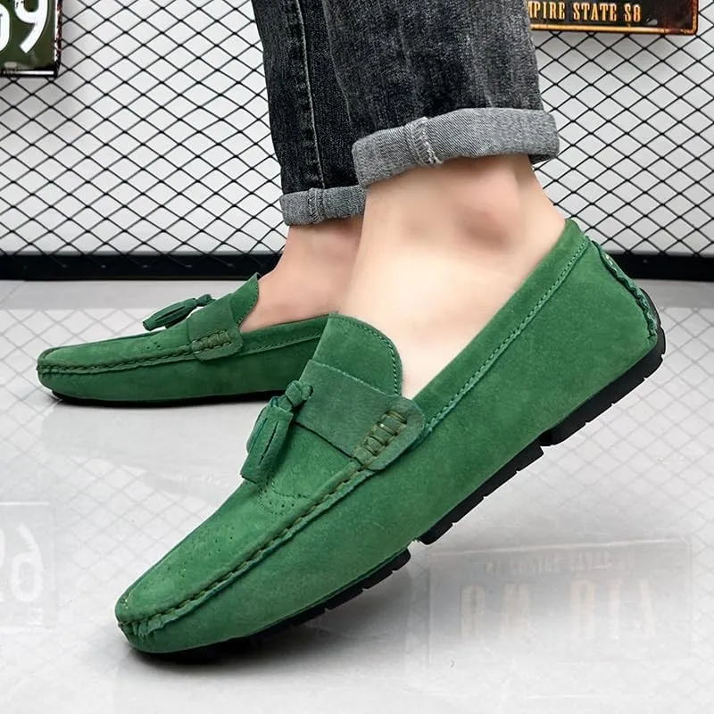 Mens Loafers Shoe Nubuck Leather Tassel Penny Driving Loafers Flexible Flat Heel Resistant Wedding Slip On
