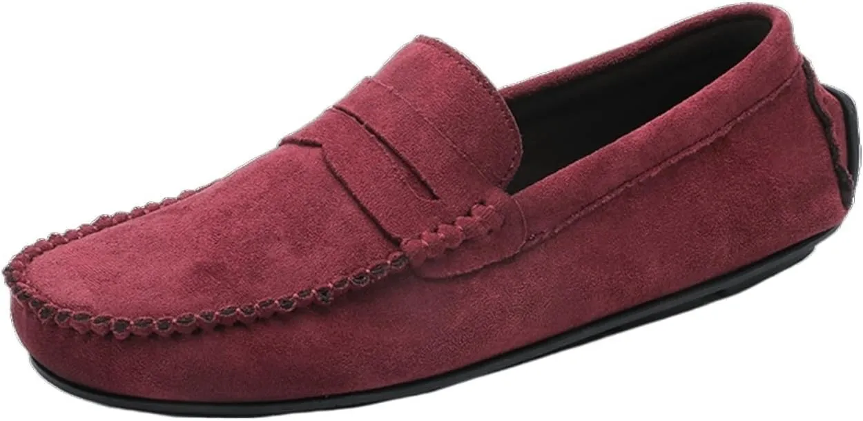 Men's Loafers Shoes Genuine Leather Round Toe Suede Vamp Penny Loafer Flat Heel Slip Resistant Flexible Outdoor Slip-ons