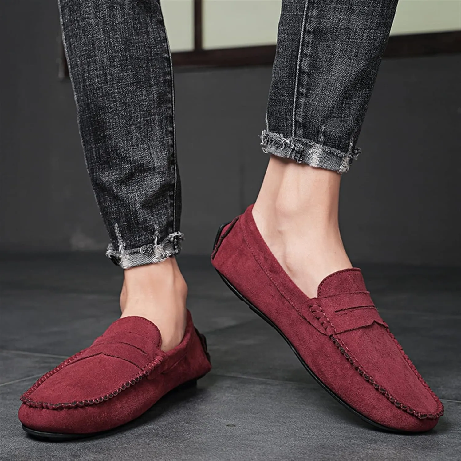 Men's Loafers Shoes Genuine Leather Round Toe Suede Vamp Penny Loafer Flat Heel Slip Resistant Flexible Outdoor Slip-ons