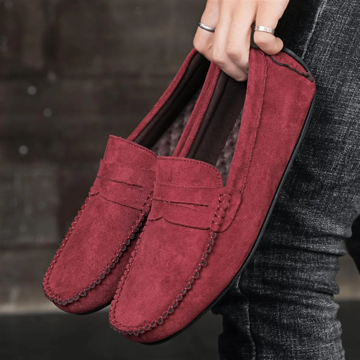 Men's Loafers Shoes Genuine Leather Round Toe Suede Vamp Penny Loafer Flat Heel Slip Resistant Flexible Outdoor Slip-ons