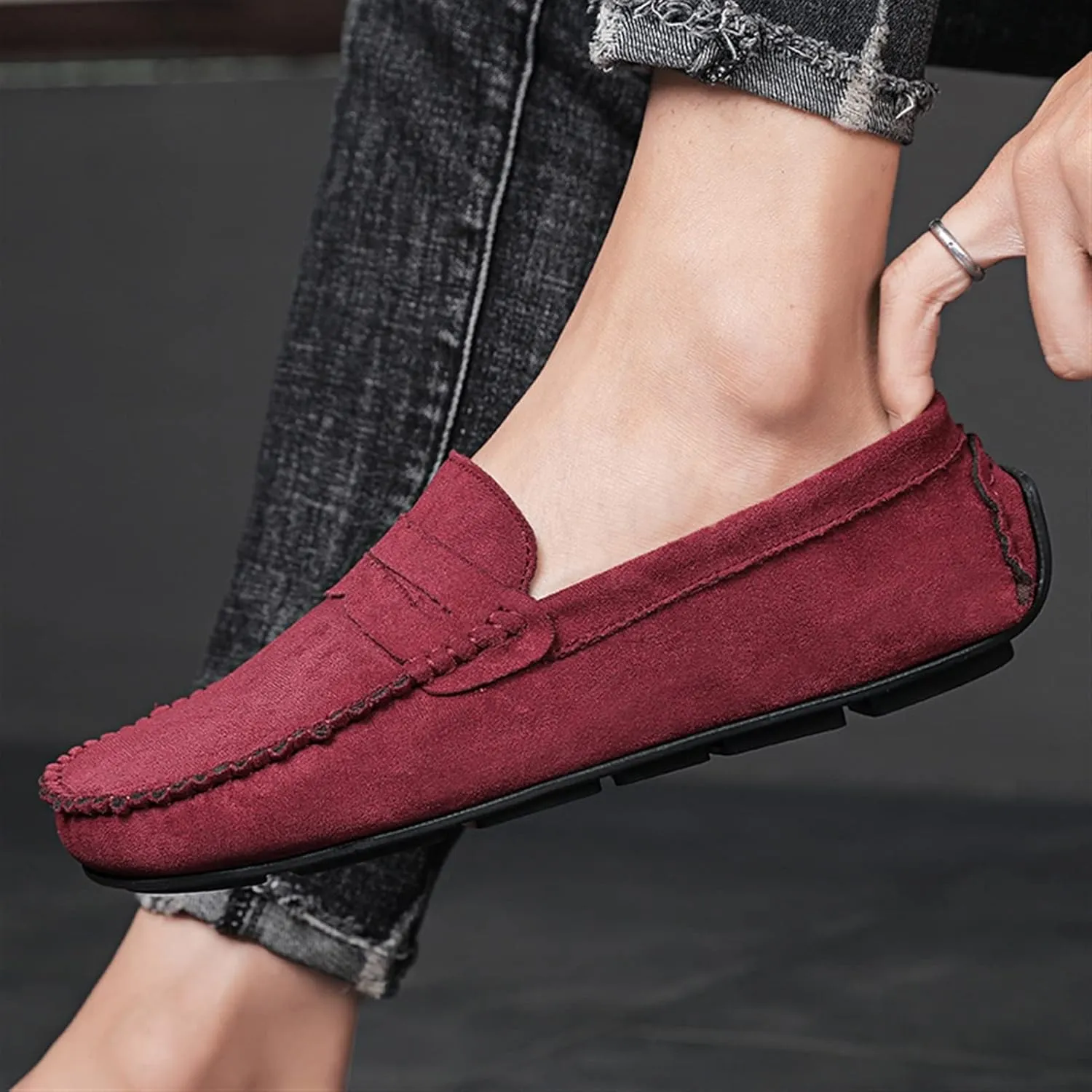 Men's Loafers Shoes Genuine Leather Round Toe Suede Vamp Penny Loafer Flat Heel Slip Resistant Flexible Outdoor Slip-ons