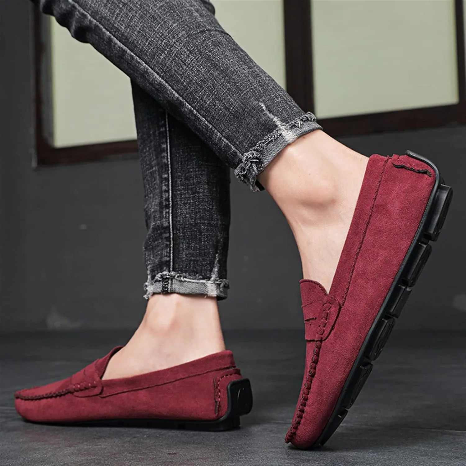 Men's Loafers Shoes Genuine Leather Round Toe Suede Vamp Penny Loafer Flat Heel Slip Resistant Flexible Outdoor Slip-ons