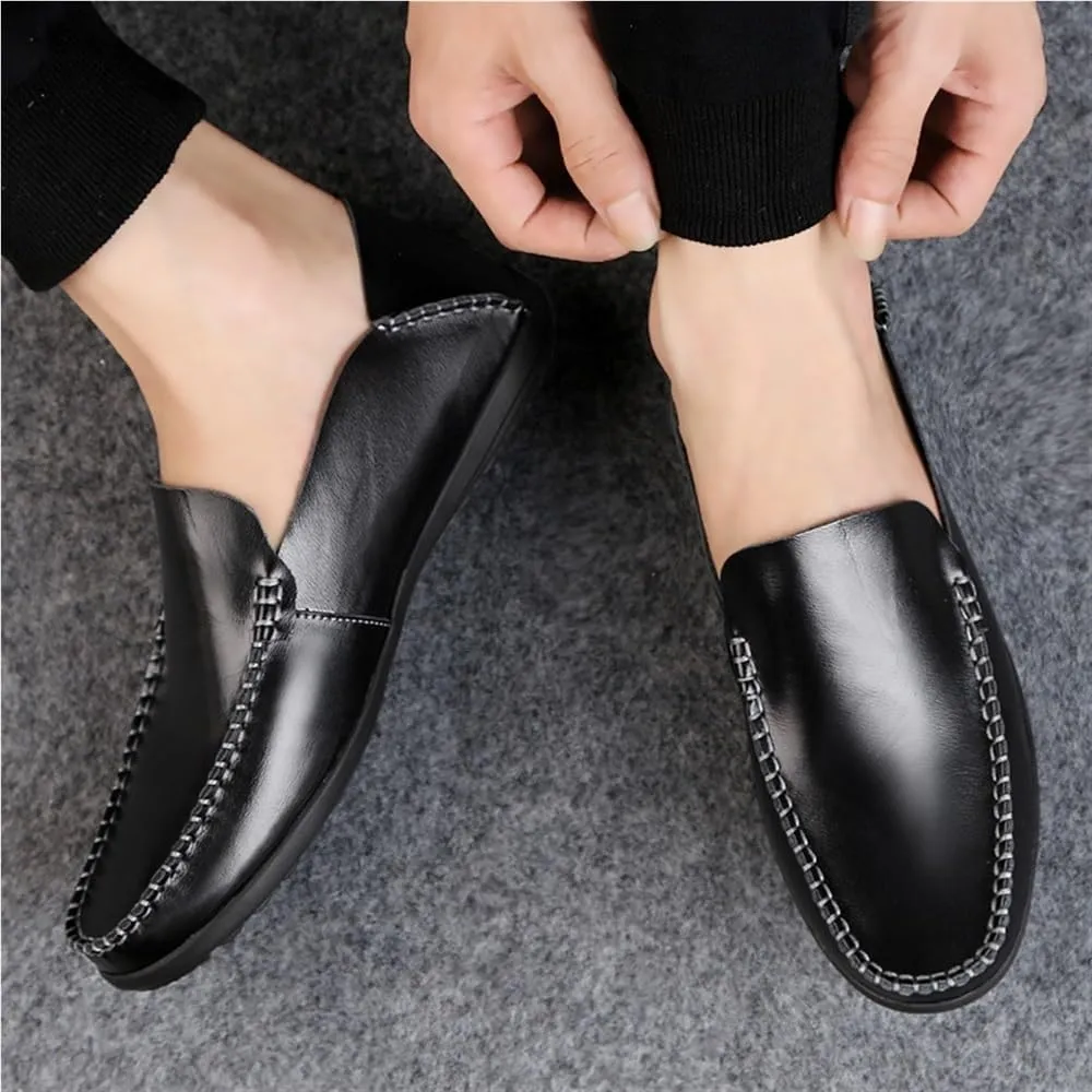 Men's Loafers Shoes Leather Round Toe Stitching Details Classic Flexible Flat Heel Comfortable Lightweight Party Slip On