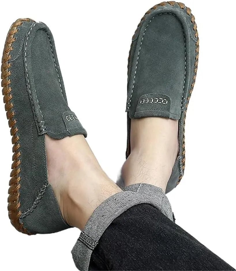 Mens Loafers Slip On Nubuck Leather Round Toe Lightweight Flexible Comfortable Driving Shoes Casual Party