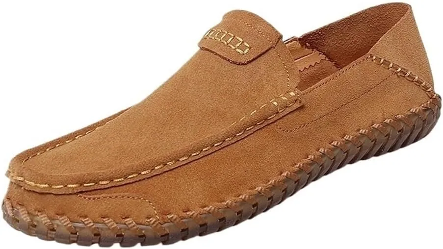 Mens Loafers Slip On Nubuck Leather Round Toe Lightweight Flexible Comfortable Driving Shoes Casual Party