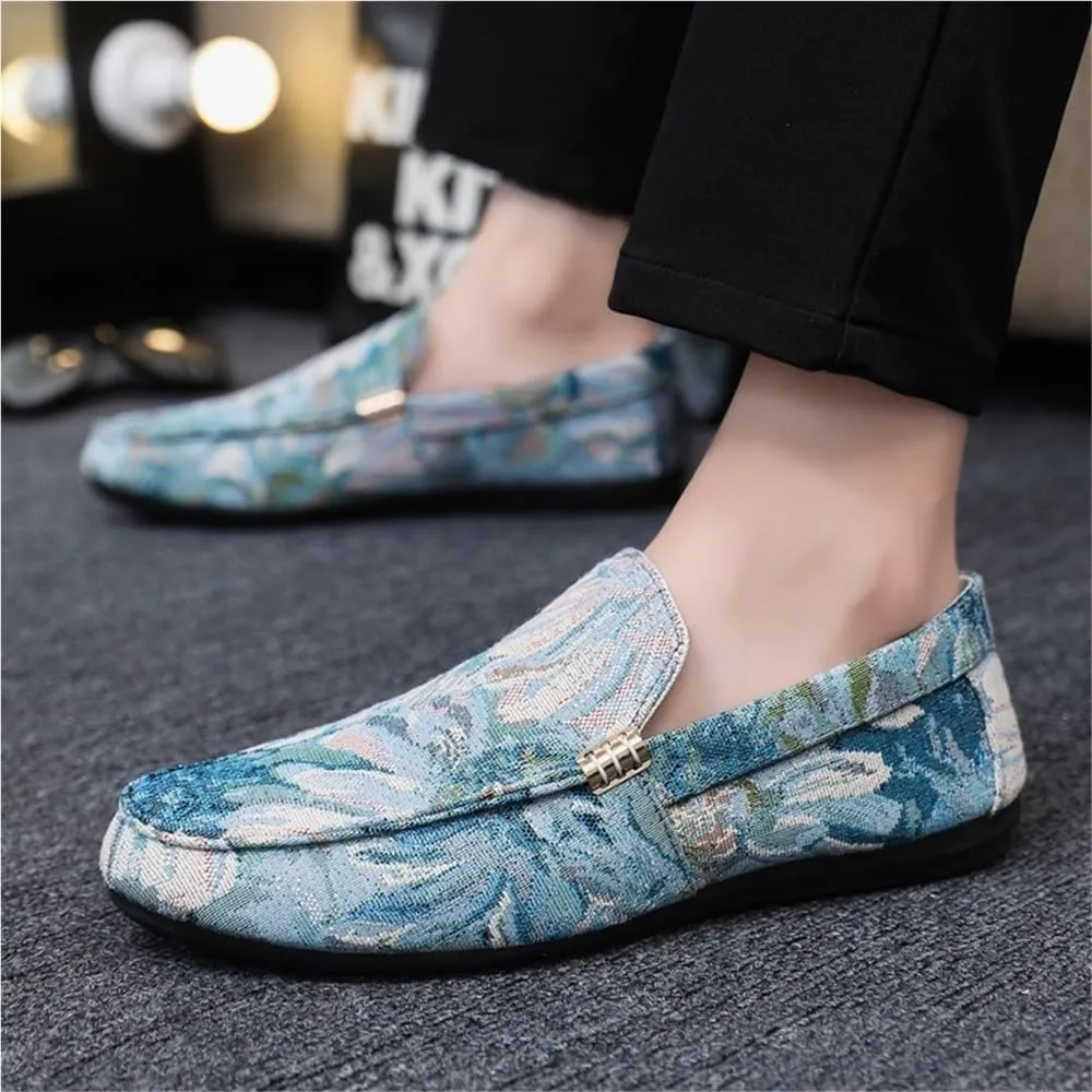 Mens Loafers Slip On Shoes Round Toe Floral Driving Flexible Lightweight Flat Heel Resistant Comfortable Walking