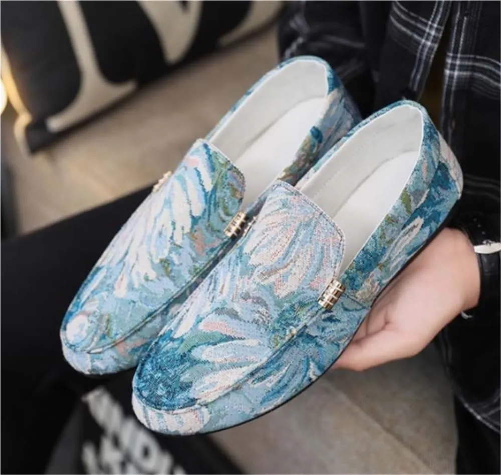 Mens Loafers Slip On Shoes Round Toe Floral Driving Flexible Lightweight Flat Heel Resistant Comfortable Walking