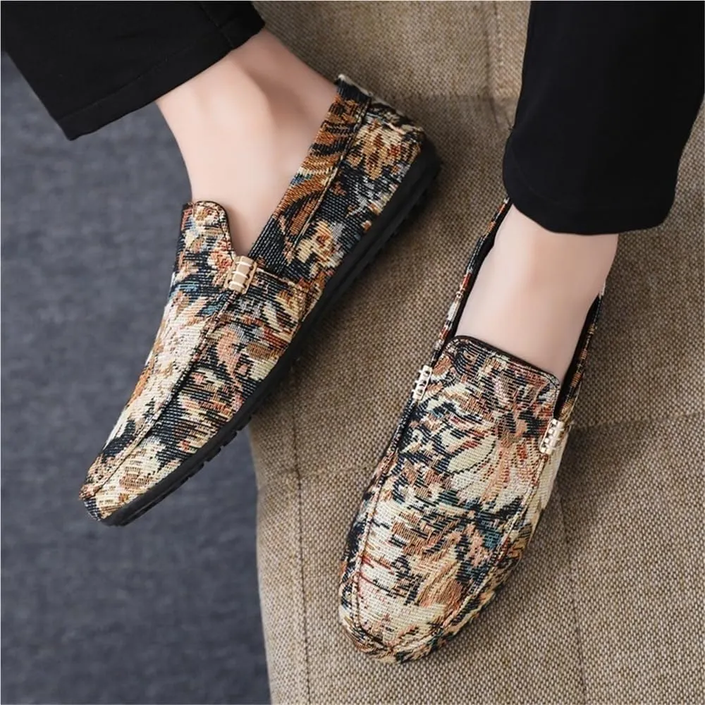 Mens Loafers Slip On Shoes Round Toe Floral Driving Flexible Lightweight Flat Heel Resistant Comfortable Walking