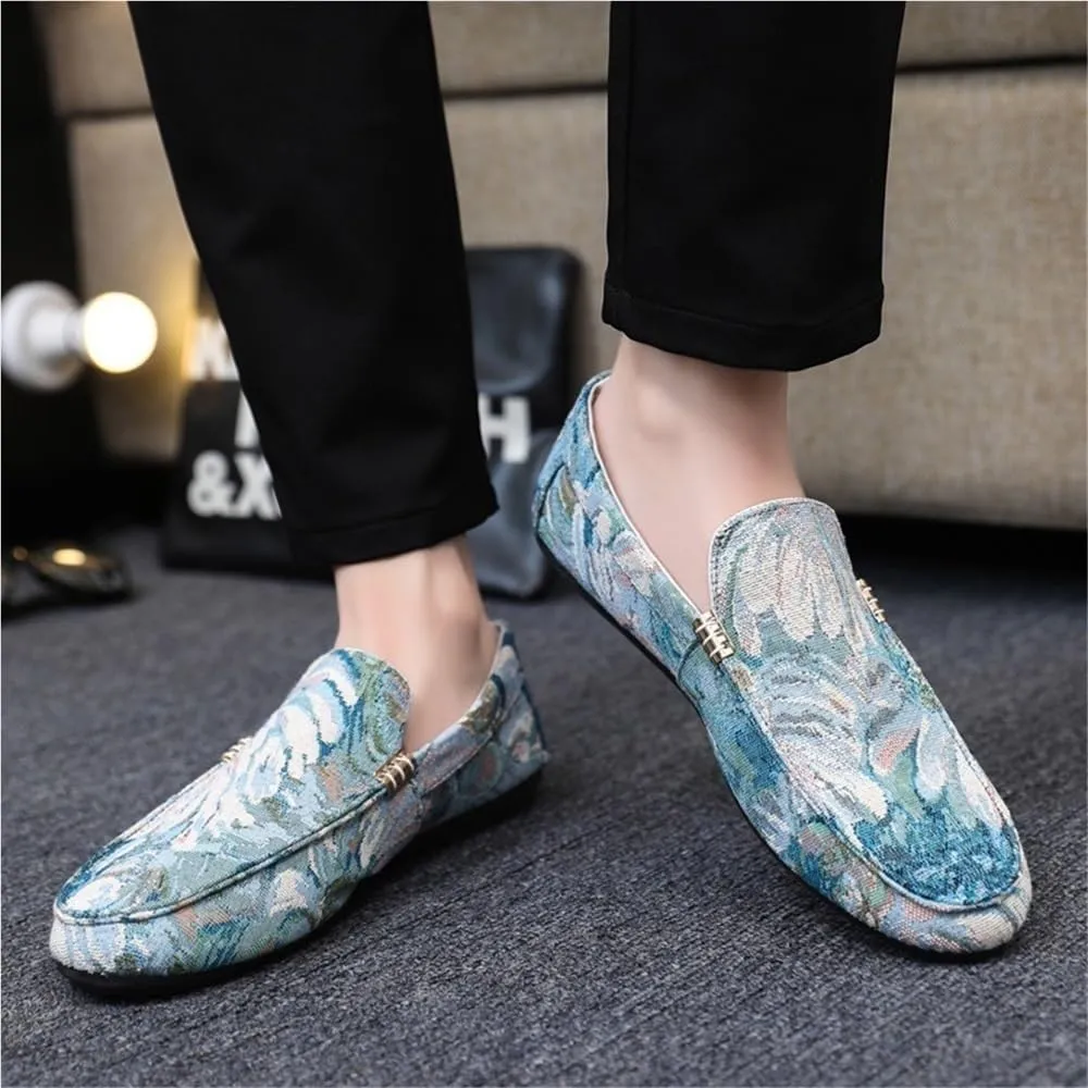 Mens Loafers Slip On Shoes Round Toe Floral Driving Flexible Lightweight Flat Heel Resistant Comfortable Walking