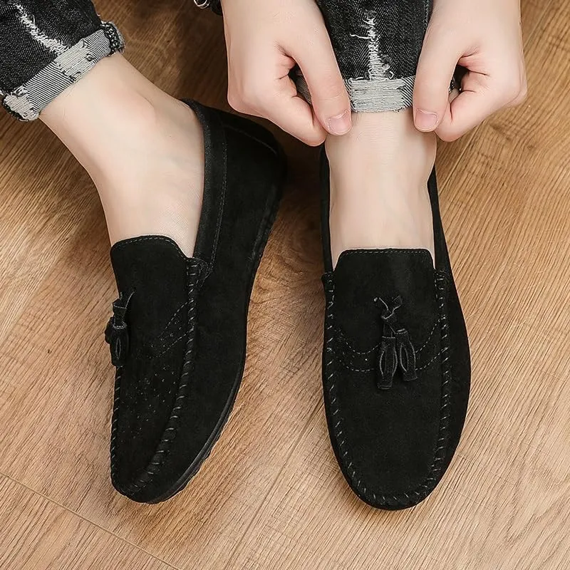 Mens Loafers Solid Color Faux Leather with Tassel Loafer Shoes Flexible Flat Heel Anti-Slip Fashion Party Slip-on