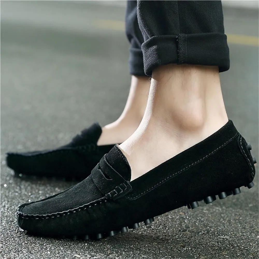 Mens Nubuck Leather Driving Loafers Slip On Round Toe Comfortable Lightweight Flexible Prom Wedding Casual Shoes