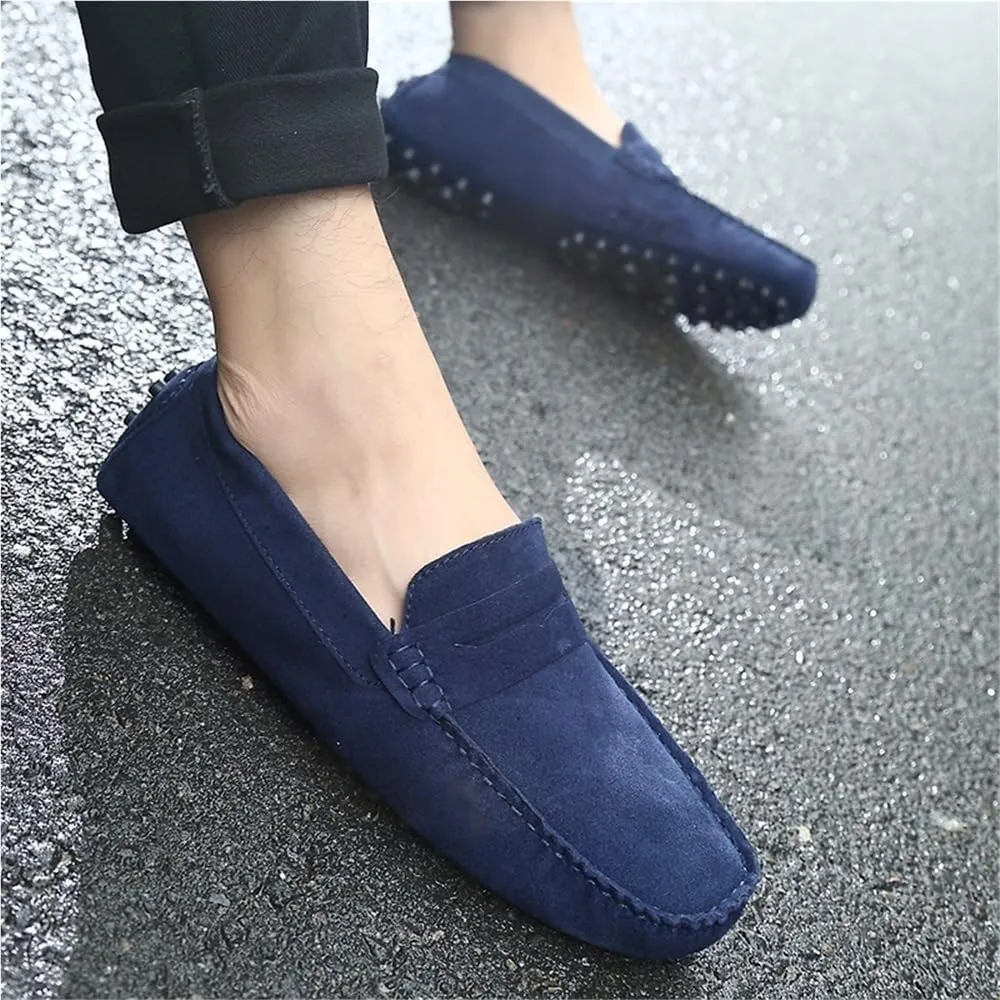Mens Nubuck Leather Driving Loafers Slip On Round Toe Comfortable Lightweight Flexible Prom Wedding Casual Shoes