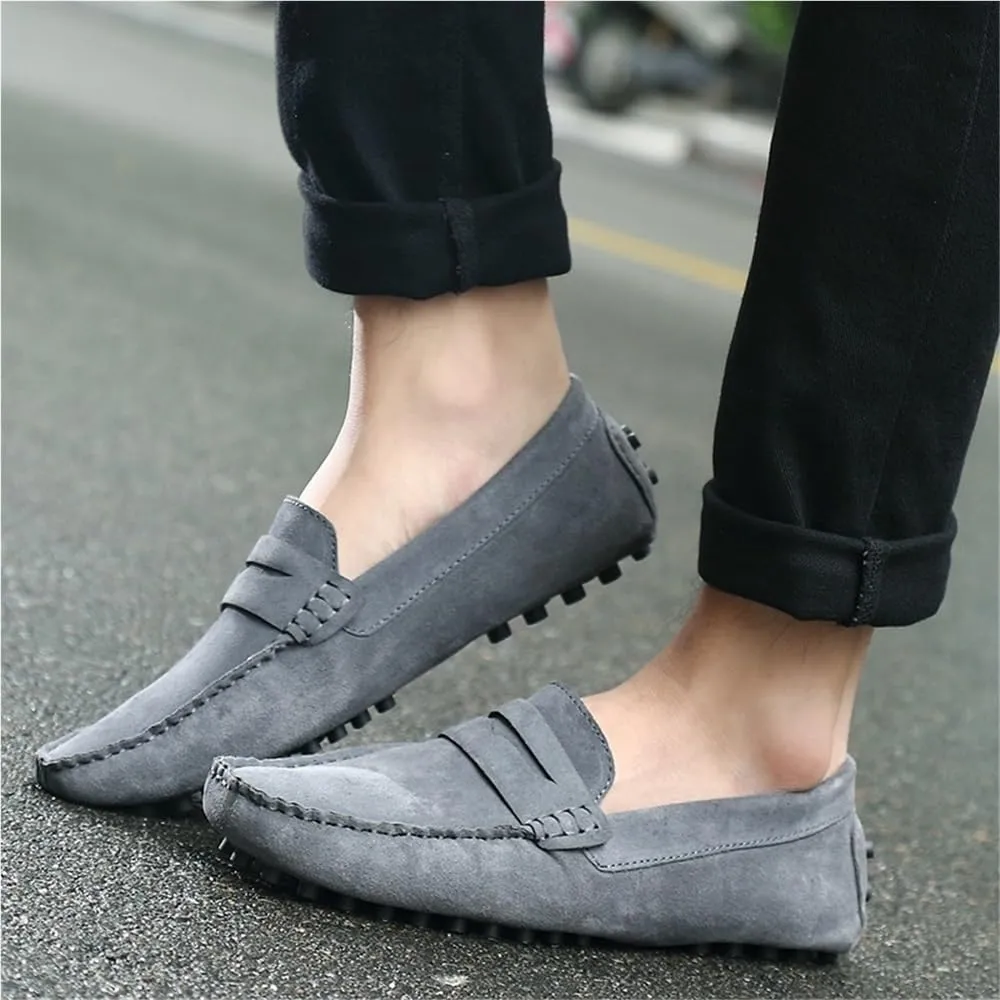 Mens Nubuck Leather Driving Loafers Slip On Round Toe Comfortable Lightweight Flexible Prom Wedding Casual Shoes