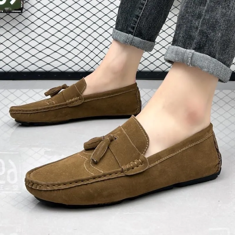 Men's Nubuck Leather Loafers with Tassel - Lightweight Anti-Slip Driving Loafers, Slip-On Style for Casual, Wedding & Work