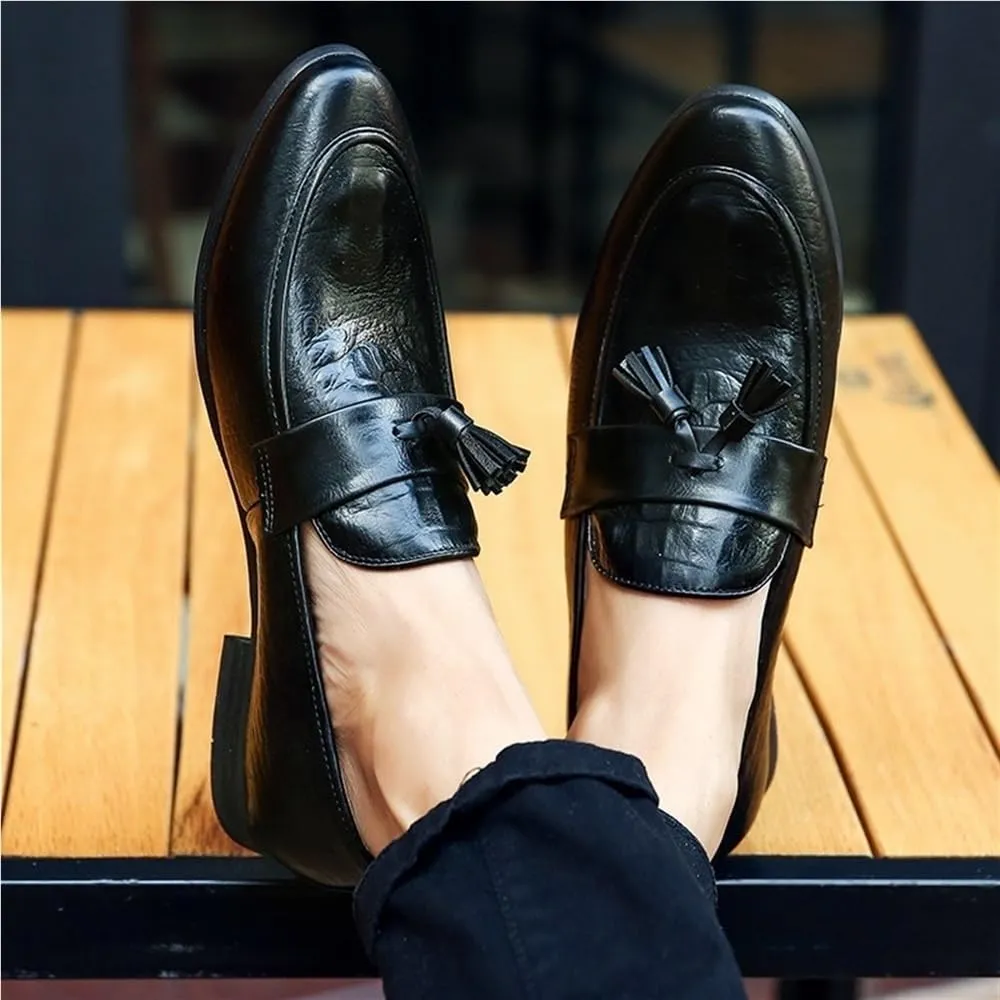 Mens PU Leather Tassel Loafers Slip On Burnished Toe Flexible Comfortable Classic Fashion Driving Casual Shoes