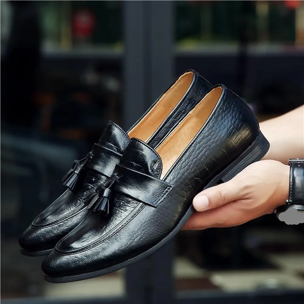 Mens PU Leather Tassel Loafers Slip On Burnished Toe Flexible Comfortable Classic Fashion Driving Casual Shoes