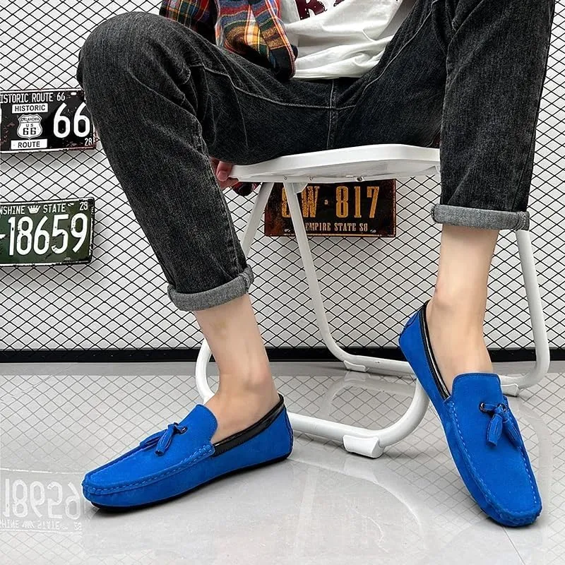 Men's Round Toe Vegan Suede Loafers with Tassel - Slip-Resistant, Flexible Flat Heel Driving Shoes for Prom, Wedding, and Casual Wear