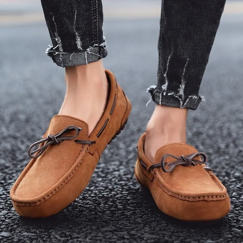 Men's Suede Nubuck Leather Loafers - Round Toe Boat Driving Shoes, Comfortable & Flexible Lightweight Slip-on for Parties