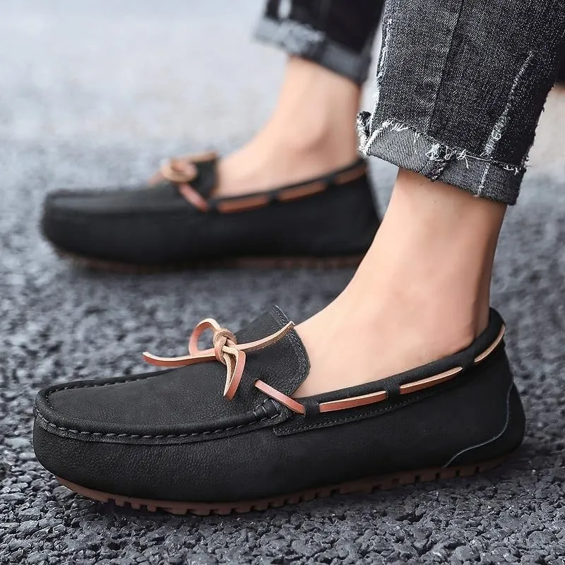 Men's Suede Nubuck Leather Loafers - Round Toe Boat Driving Shoes, Comfortable & Flexible Lightweight Slip-on for Parties