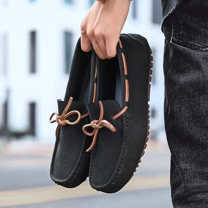 Men's Suede Nubuck Leather Loafers - Round Toe Boat Driving Shoes, Comfortable & Flexible Lightweight Slip-on for Parties
