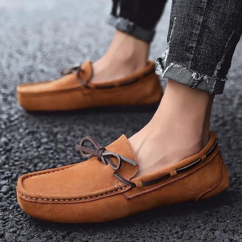 Men's Suede Nubuck Leather Loafers - Round Toe Boat Driving Shoes, Comfortable & Flexible Lightweight Slip-on for Parties