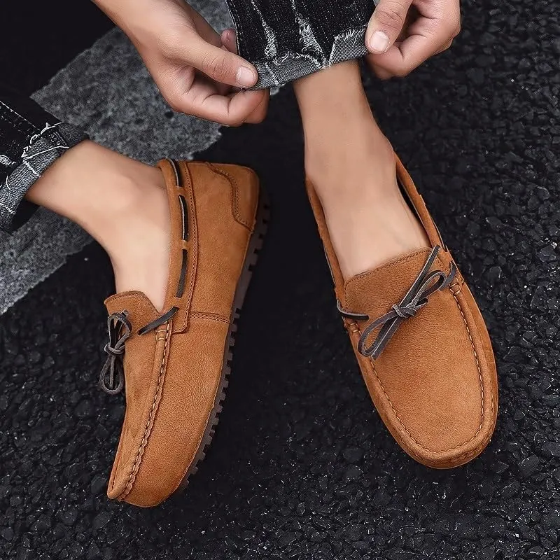 Men's Suede Nubuck Leather Loafers - Round Toe Boat Driving Shoes, Comfortable & Flexible Lightweight Slip-on for Parties