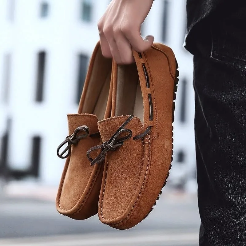 Men's Suede Nubuck Leather Loafers - Round Toe Boat Driving Shoes, Comfortable & Flexible Lightweight Slip-on for Parties