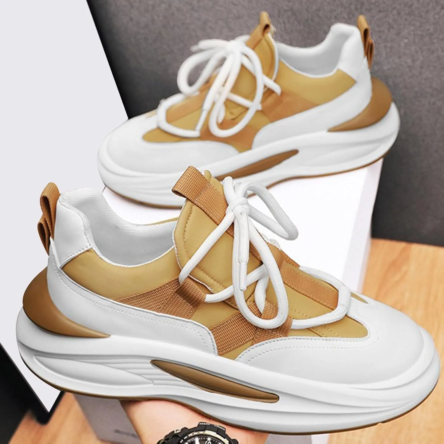 Men's Thick Sole Height Increasing Shoes Elevator Fashion Lace up All Day Comfort Slip on Walking Shoes Black White Casual Footwear for Men Daily Wear