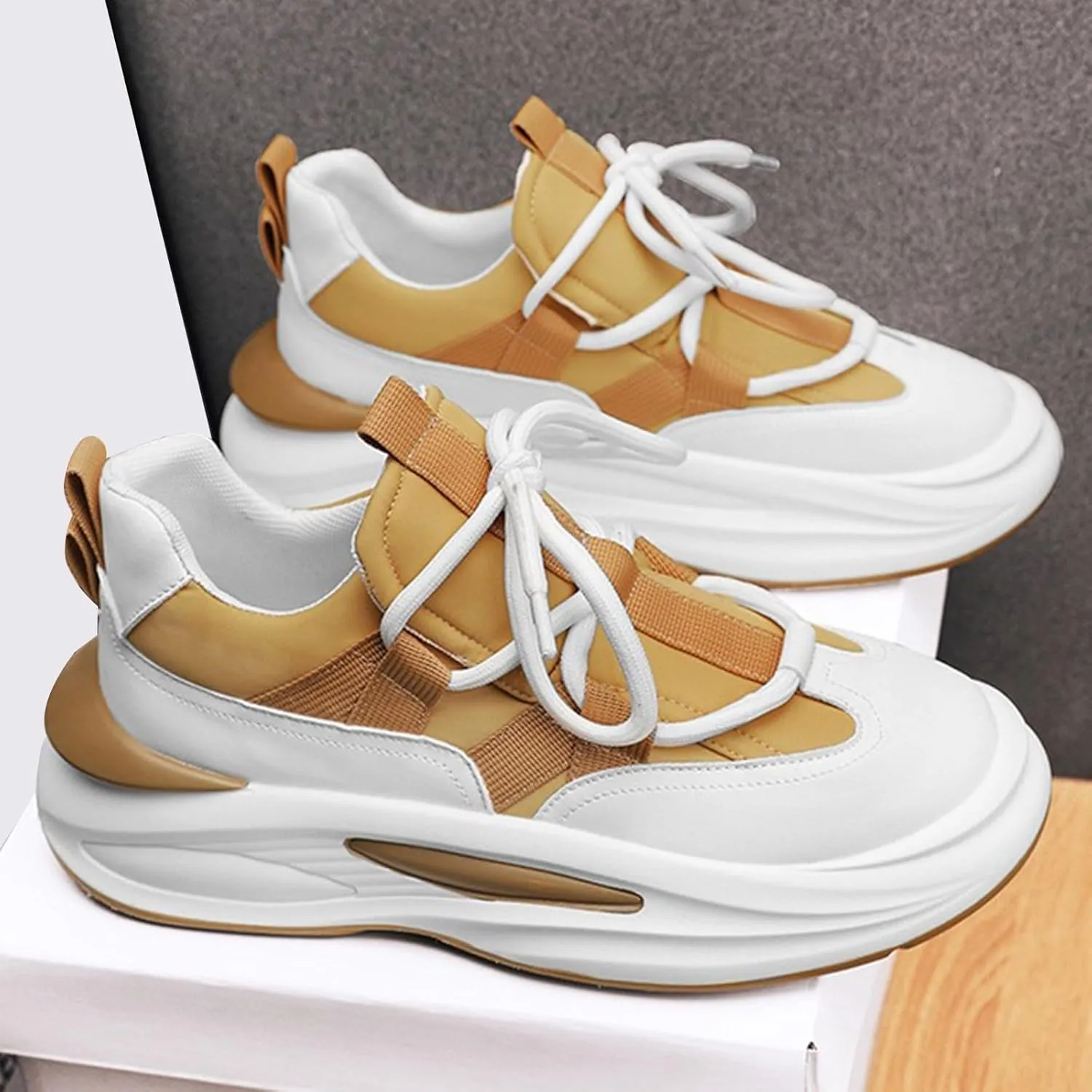 Men's Thick Sole Height Increasing Shoes Elevator Fashion Lace up All Day Comfort Slip on Walking Shoes Black White Casual Footwear for Men Daily Wear
