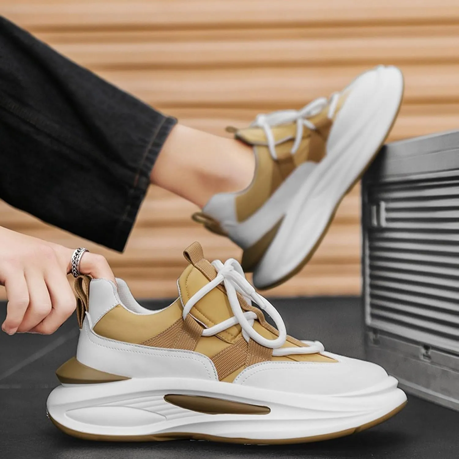 Men's Thick Sole Height Increasing Shoes Elevator Fashion Lace up All Day Comfort Slip on Walking Shoes Black White Casual Footwear for Men Daily Wear