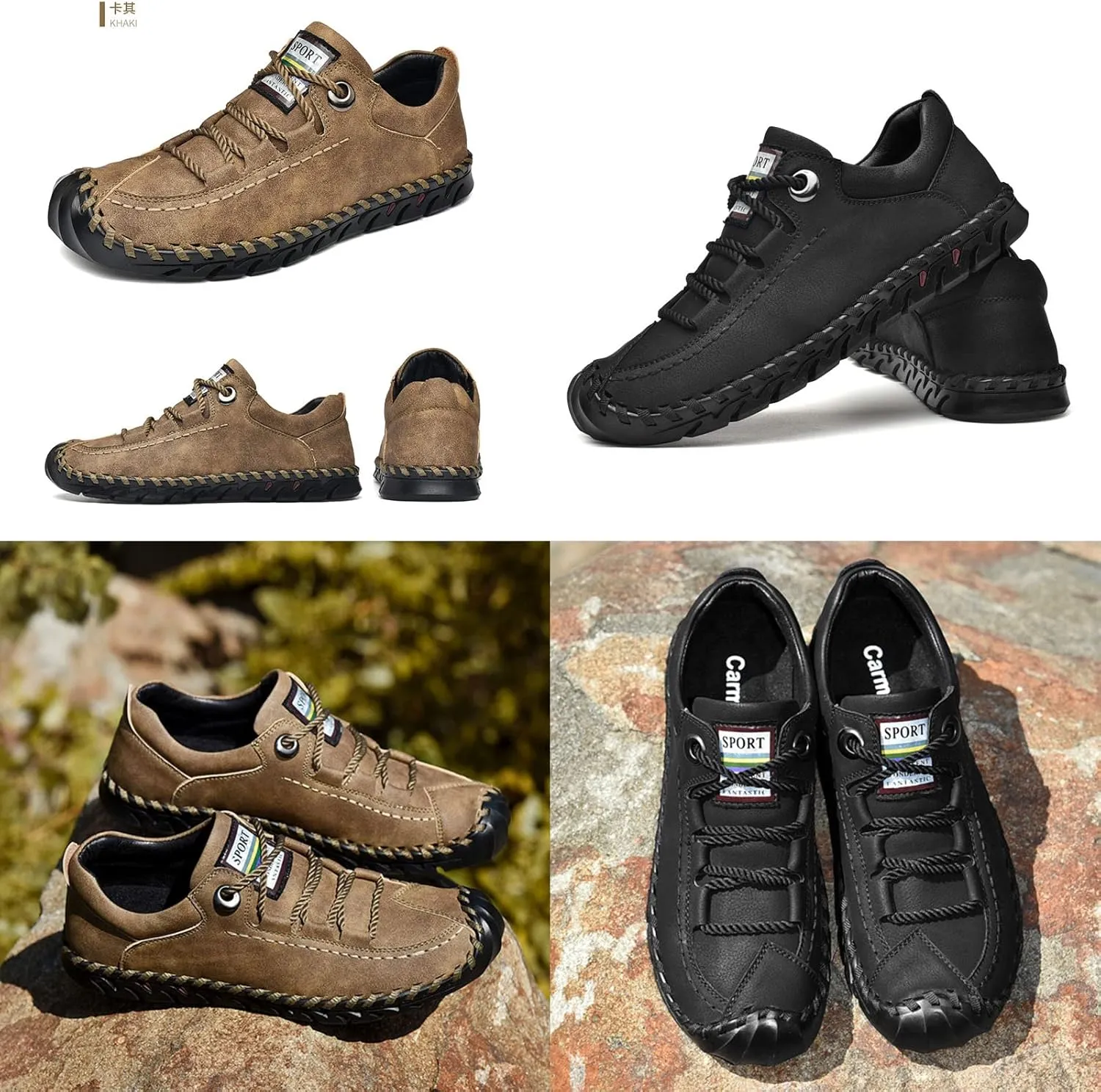 Men's Vintage Leather Casual Shoes,Summer Comfort Hand-Stitching Lace-Up Non-Slip Softsole Outdoor Travel Flats Loafers