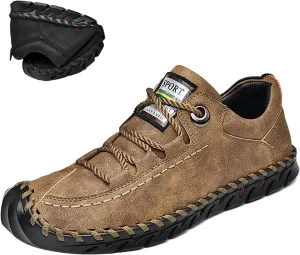 Men's Vintage Leather Casual Shoes,Summer Comfort Hand-Stitching Lace-Up Non-Slip Softsole Outdoor Travel Flats Loafers